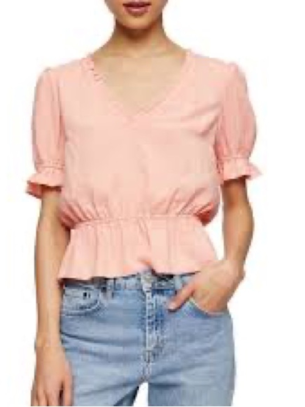 Topshop Morgan Ruffle Trim Coral Colored V-Neck Peplum Blouse Size 6